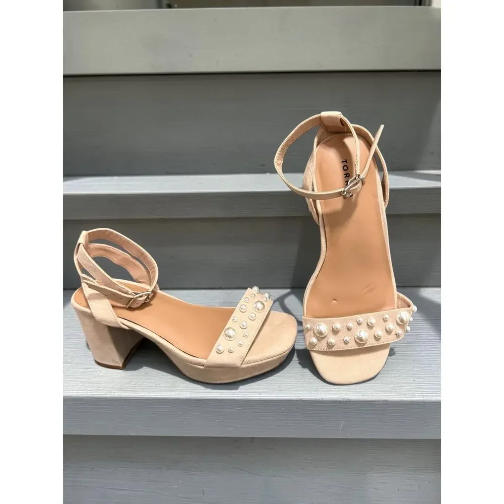 Torrid Pearl Faux Suede Open Toe Ankle Strap Platform Heels 7WW Wide Width Beige